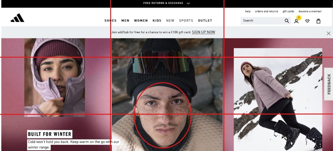 An example of the Adidas website which leverages the rule of thirds design principle, along with lines placed over it to illustrate the 9 sections.