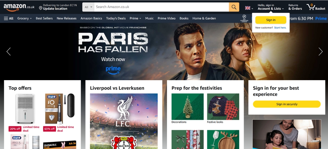 A screenshot of Amazon’s home page which illustrates that it does not follow Hick’s Law