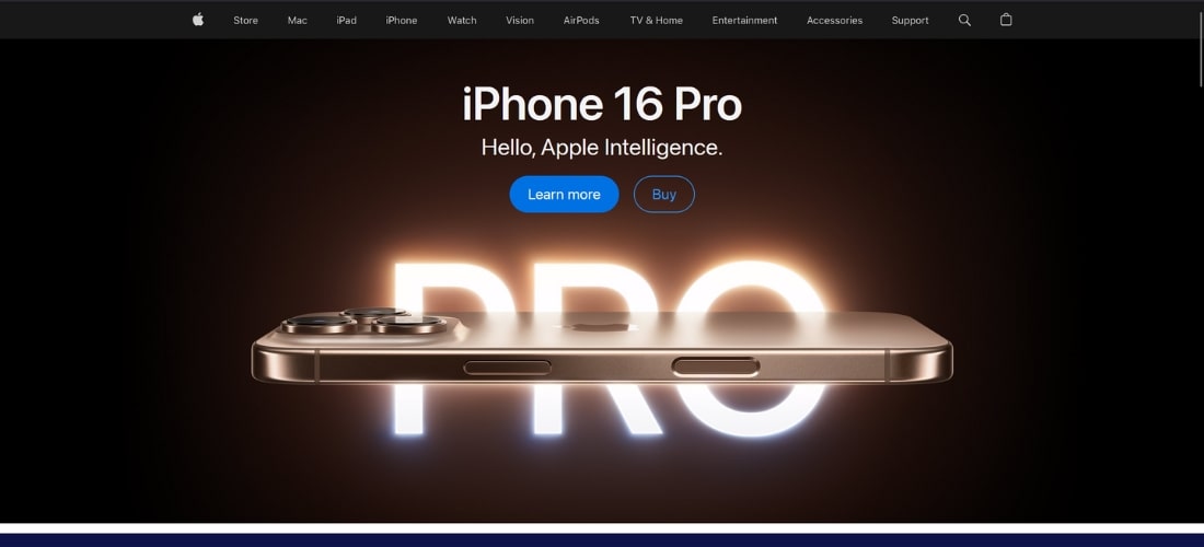 A screenshot of Apple's homepage which uses whitespace to draw attention to the product they are promoting.